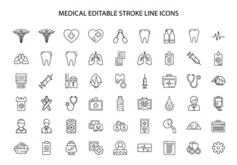 Collection of medical icons representing various aspects of healthcare and medicine in a modern line art style
