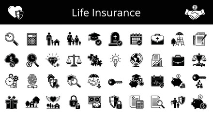 Solid Black Life Insurance Icons: Health, Protection, and Security Concepts