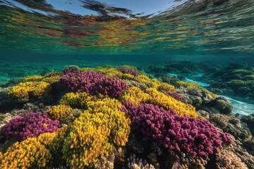 Vibrant coral reef teeming with life under clear water