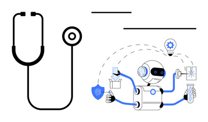 Stethoscope paired with a robot performing medical tasks, emphasizing innovation and healthcare. Ideal for AI in healthcare, robotics, automation, diagnostics, future medicine, technology