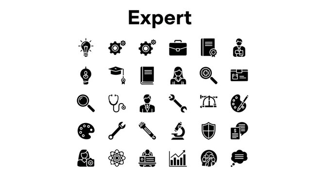 Solid Black Expert Icons: Professional, Knowledge, and Skill Concepts