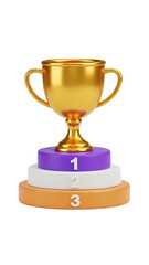 Golden trophy on a multi tiered podium with number one on the top step isolated on transparent background