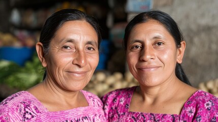 Two Indigenous Hispanic women in vibrant handmade blouses, radiating sisterhood amidst market bounty, celebrating Dia de la Raza