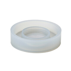 Pristine, glossy, perfectly round translucent silicone coaster mold with inner well and subtle raised rim, on a stark white professional studio background, concept for commercial product display