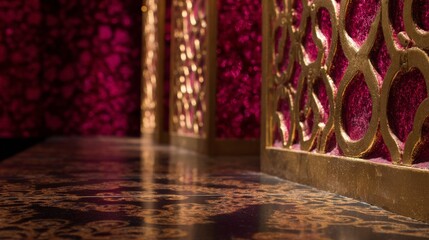 Intricate golden lattice against crimson velvet evokes opulent Diwali festivities, decadent luxury, and whispers of secret ballrooms