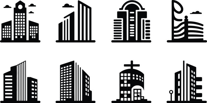 Modern city office buildings and business icons silhouette