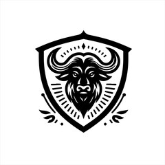 Black and white shield emblem with a fierce buffalo head