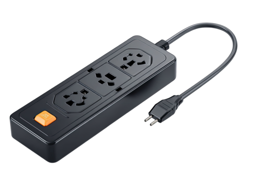 Black power strip with three outlets and a cord