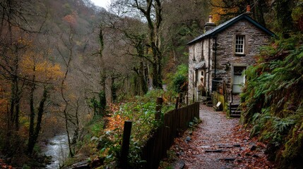 Rustic stone cottage nestled in a misty autumnal valley