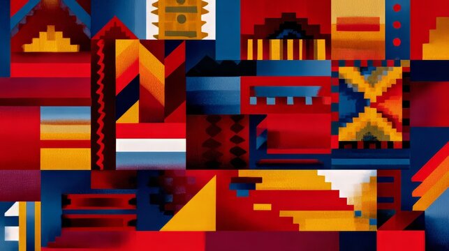 Geometric tapestry dazzles with vibrant hues, echoing Quechua textiles and Diwali's kaleidoscopic spirit, weaving tales of cultural symphony