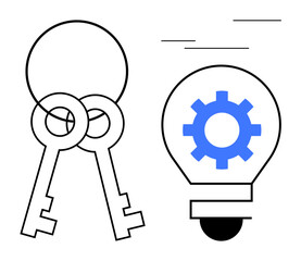 Linked skeleton keys and lightbulb with a gear inside signify unlocking innovation, problem-solving, strategy, creativity, teamwork, technology, and solutions. Ideal for simple flat metaphor