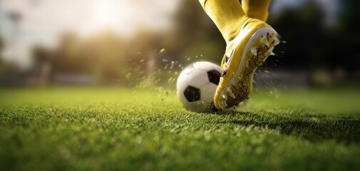 The dynamic soccer kick on a sunny outdoor field.