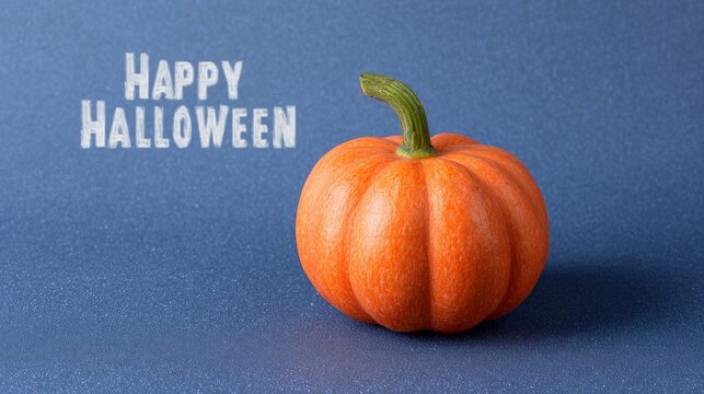 Tiny pumpkin perched on cosmic blue, whispers Halloween enchantment, Samhain invitations, and autumnal spells illuminate the night