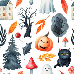 Watercolor pattern with ghost black cat pumpkin haunted tree houses mushrooms and autumn leaves on white for textile, wallpaper