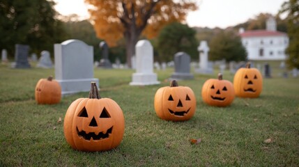 Eerie jack-o'-lanterns grin among gravestones, whispering ghost stories under amber autumn light, invoking Halloween and Samhain mysteries