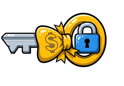 A cartoon key with a lock icon for financial security 
