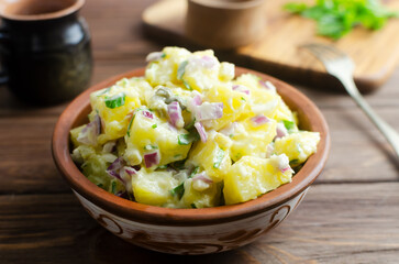 Cold potato salad with purple onion, gherkins and parsley in a ceramic bowl on a wooden table. Traditional German dish concept. Rustic style. Selective focus. Horizontal orientation.