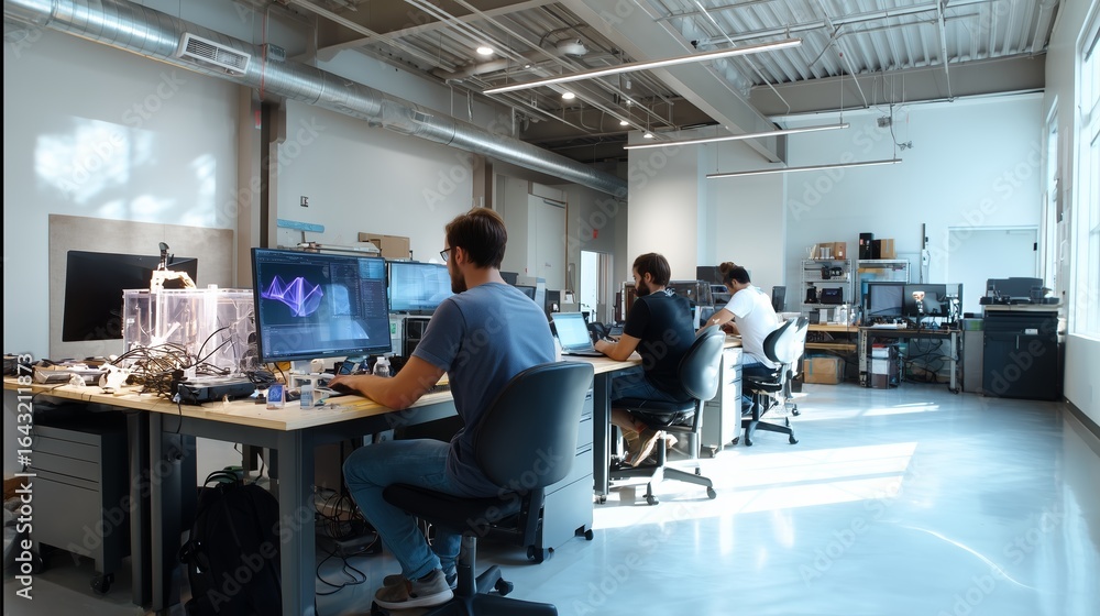 Poster engineers collaborating in a modern workspace focused on technology development during the afternoon