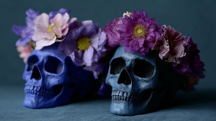Whimsical skulls crowned with vibrant blossoms, celebrating Dia de los Muertos and the enchanting Night of the Radishes