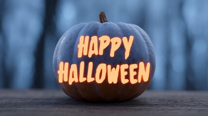 Enigmatic dusk pumpkin with glowing Halloween greeting, embracing eerie wilderness whispers and All Hallows Eve enchantment