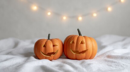 Twin jack-o'-lanterns grinning on plush clouds, capturing Halloweens ethereal whimsy and Samhains flickering embrace