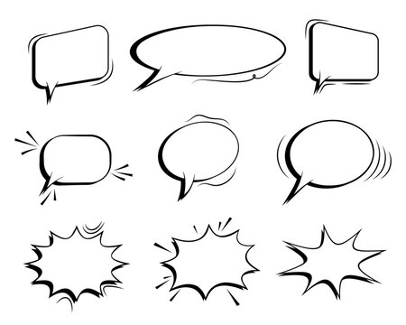Collection of empty comic speech bubbles with halftone shadows. Hand drawn retro cartoon stickers. Pop art style. Vector illustration.