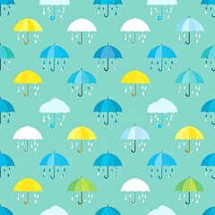 Colorful umbrellas with rain drops in a seamless pattern.