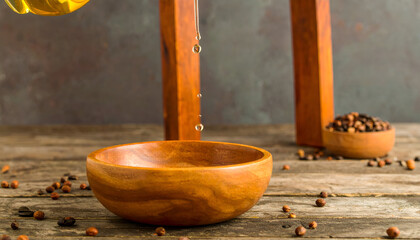 Dripping Olive Oil from Wooden Spoon into Rustic Wooden Bowl on Tabletop with Natural Ingredients and Textured Background
