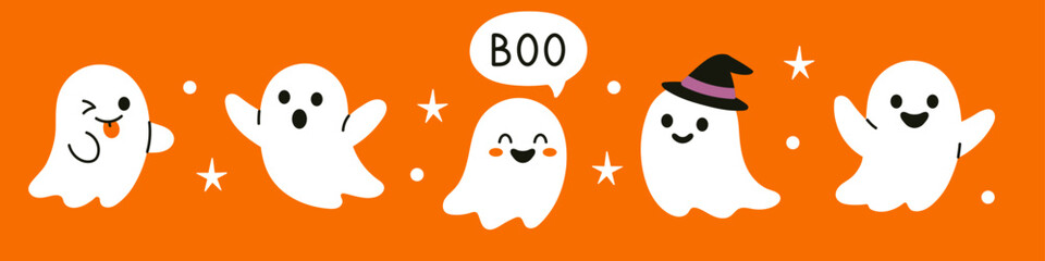 Vector collection of kawaii halloween ghosts on orange background. Smiling and playful phantoms with various expressions and decorative elements. Cute spooky spirits in flat design.