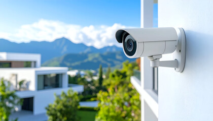 Surveillance Camera Monitoring A Beautiful Modern Landscape with Mountains and Clear Blue Sky