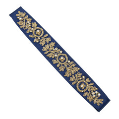 A single deep navy blue satin headband, 18 inches long, with gold floral embroidery, iridescent pearls & crystal beads, perfectly straight on a transparent background, concept of luxury accessory