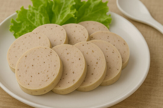 Sliced Vietnamese pork sausage (cha lua) served on white plate with fresh lettuce