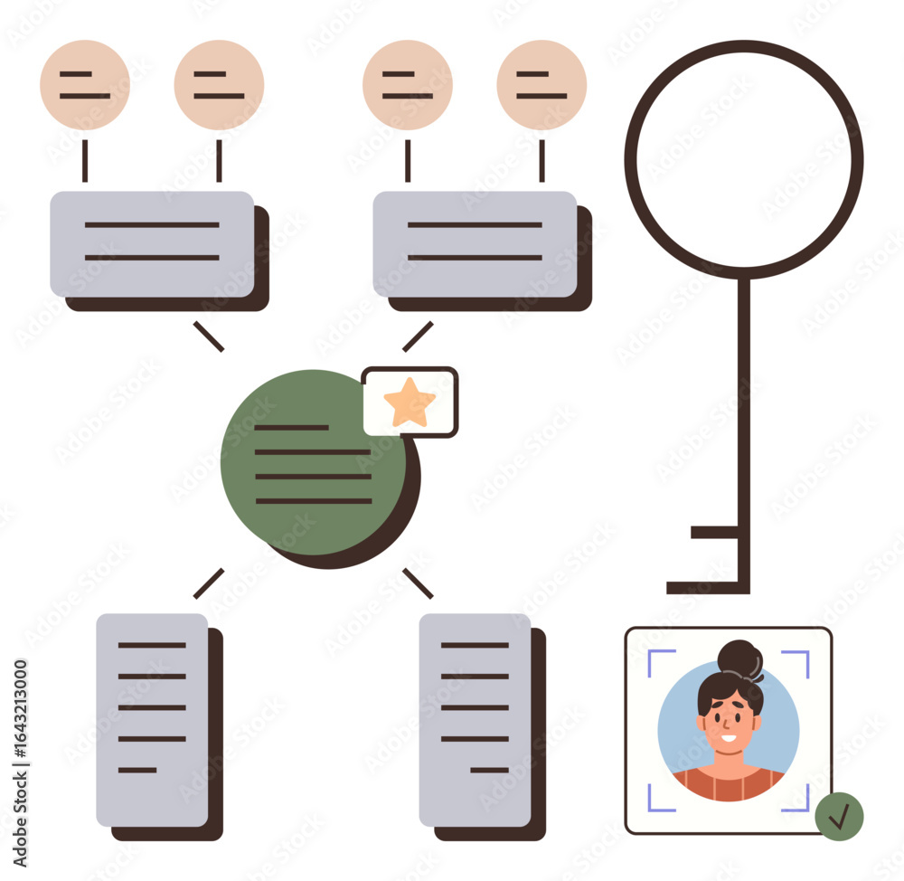 Aufkleber key structure connecting elements thumbs up user profile, verification tick, node flow, and communic