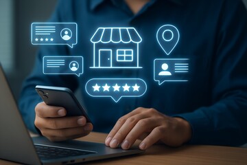 Fototapeta premium Close-Up of Hands Holding Smartphone and Laptop with Futuristic Business Icons, Location Pins, Star Ratings, and Speech Bubbles, Modern Technology Concept in Soft Diffused Lighting