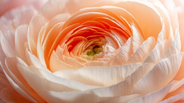 Close-up of a delicate, peach-toned ranunculus flower (1)