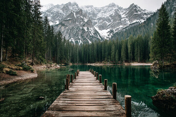 Fototapeta premium Rustic wooden pier stretching into crystal-clear alpine lake, surrounded by dense evergreen forest, snow-capped peaks reflecting in calm water