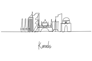 Minimal single-line city skyline of Karachi, Pakistan, featuring coastal landmarks and Mazar-e-Quaid.