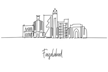 Fototapeta premium Faisalabad, Pakistan city skyline shown as a single line drawing, combining Ghanta Ghar, modern towers and textile heritage; a minimalist city silhouette for travel, culture and architecture themes.