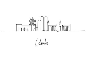 Obraz premium Colombo, Sri Lanka city skyline shown as a continuous line drawing, blending facades, colonial halls and modern towers; a minimalist vector city silhouette for architecture, culture and travel.