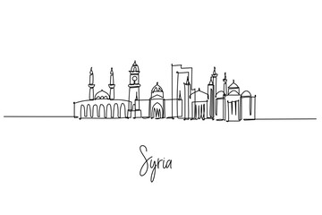 Fototapeta premium Minimal single-line city skyline of Syria, featuring Damascus and Aleppo landmarks.