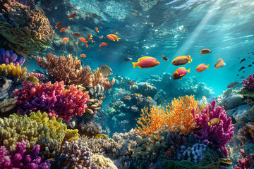 Obraz premium Underwater coral reef scene with bright tropical fish swimming among colorful corals, sunlight streaming from surface