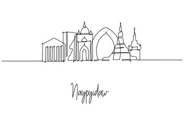 Minimal single-line city skyline of Naypyidaw, Myanmar, combining modern civic buildings with temples and stupas.