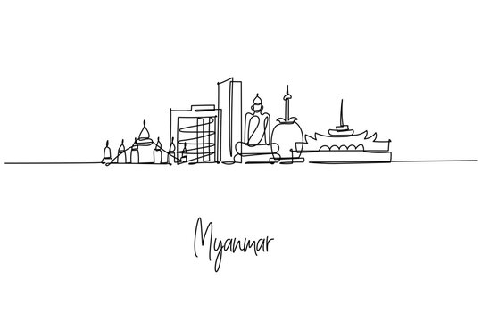 Minimal continuous line city skyline of Myanmar, featuring Yangon icons like Shwedagon Pagoda, a seated Buddha, and the Karaweik Palace.