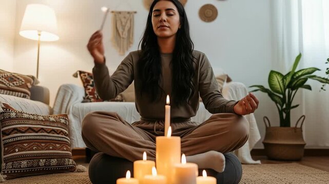 Serene Woman Prepares for a Mindful Meditation Ritual by Lighting Candles in a Cozy Home