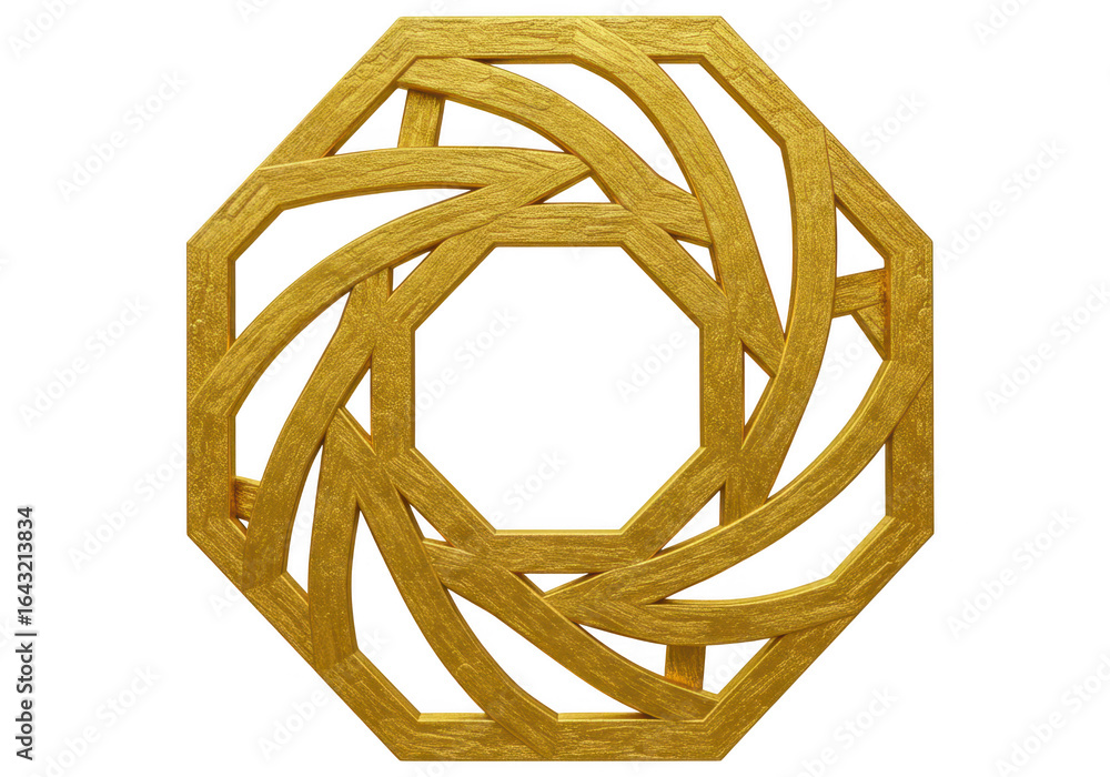 Poster golden geometric ornamental design with interlocking curves and an octagonal shape, isolated on tran