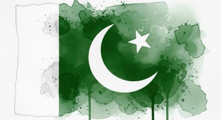 Abstract watercolor pakistan flag with crescent and star