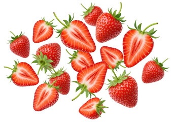 Fresh ripe strawberries, whole and sliced, isolated on transparent background