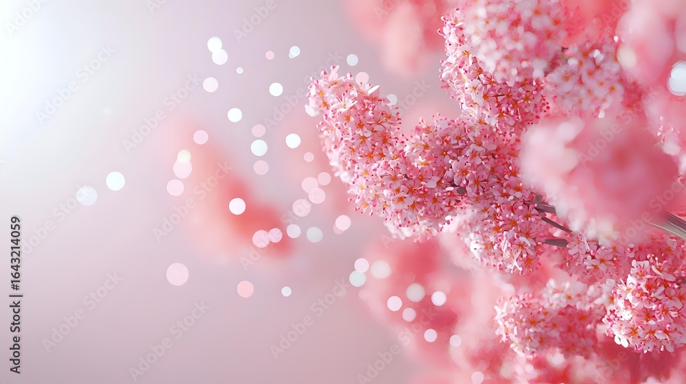 Poster dreamy pink crystal formation with sparkling bokeh effect on soft blurred background, macro photogra