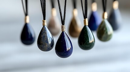 Handcrafted gemstone pendants on black cord necklaces with gold wire wrapping details, arranged in row showing various natural stones in teardrop shapes against blurred background.