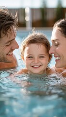 A Joyful Family Vacation Parents and Daughter Enjoying Summer Swimming Together Outdoors.